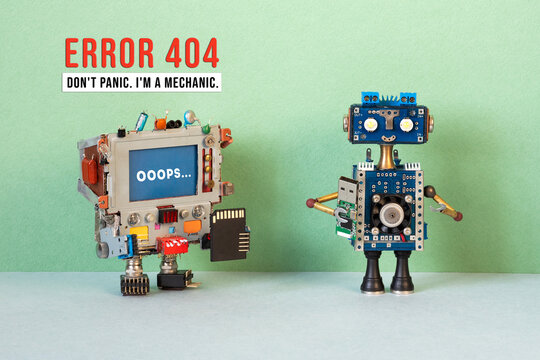 Error 404 page not found. Broken toy computer and robot it specialist repairman engineer with usb card.