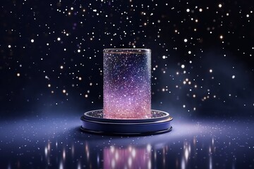 Pedestal podium with shiny particles. Beauty product promotion platform display mockup