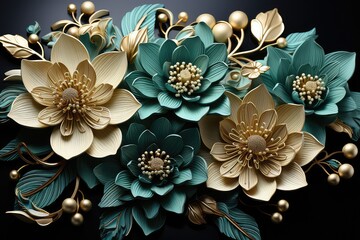 Golden Age White and turqoise Floral Sculptured , Ebony Canvas,background 