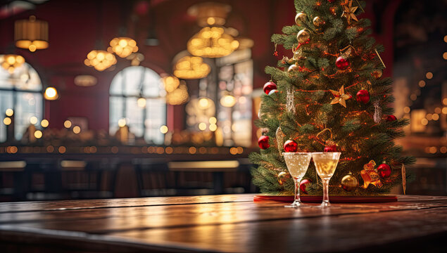 mesa de madera con dos copas de cristal,  arbol de navidad y decoraciones navideñas con fondo de bar o restaurante desenfocado con bokeh dorado.