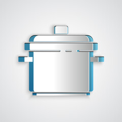 Paper cut Cooking pot icon isolated on grey background. Boil or stew food symbol. Paper art style. Vector