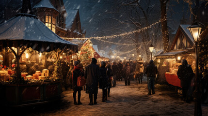 People strolling over a Christmas market, season of joy, generative ai.