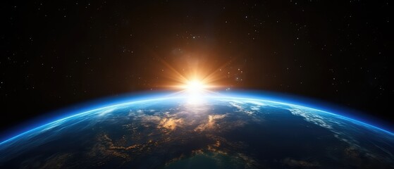 Fototapeta premium the horizon of the Earth planet, space shines in the darkness,glimps of sun ray 