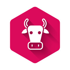 White Cow icon isolated with long shadow. Pink hexagon button. Vector