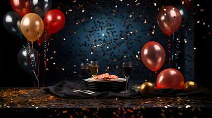 Obraz na płótnie Canvas Silvester themed table background with balloons, confetti, and glitter tablecloth