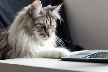 Maine Coon sitting on sofa and working, studying on laptop at home. Funny animal concept