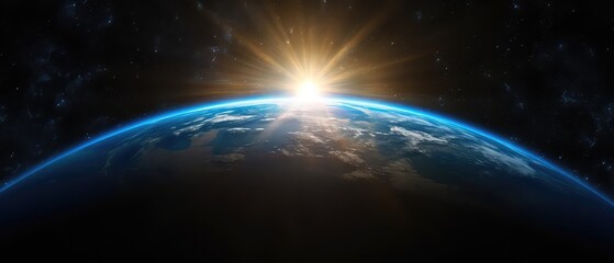 the horizon of the Earth planet, space shines in the darkness,glimps of sun ray  