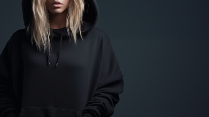 Young beautiful girl in a black hoodie posing. Warm oversized hoodie with an hood. Stylish trendy hipster bow. Trying on clothes in a store. Youth subculture. Fashion clothing. Generated AI