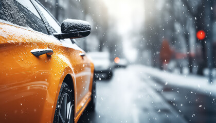The car is on a winter road with falling snow