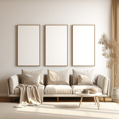 Set of 3 frame mockup on the living room wall, brown frames, wooden decor, 3D model