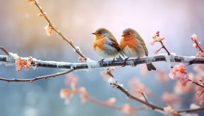 Two bullfinches sitting on a branch in winter