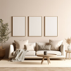Set of 3 frame mockup on the living room wall, brown frames, wooden decor, 3D model