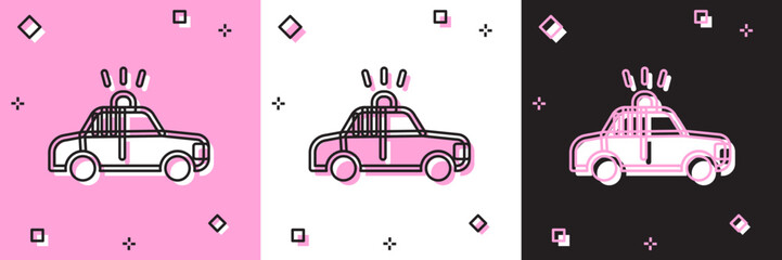 Set Police car and police flasher icon isolated on pink and white, black background. Emergency flashing siren. Vector