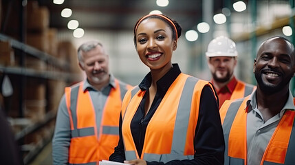 Employee worker construction, engineer industry team .Employee warehouse factory operators. women black worker happiness in factory and engineering team.
