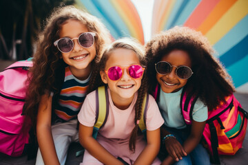 Happy smiling multi-ethnic schoolchildren posing for group portrait. Cheerful girls wearing funny sunglasses looking at camera. Kids of different skin color go to school together. Diversity concept.