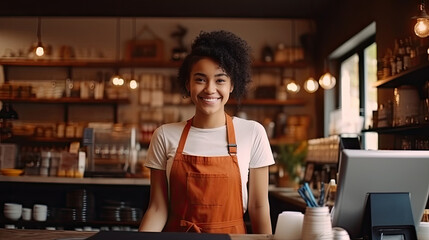Female Asian coffee shop small business owner wearing apron standing in open sign front of counter performing stock check. afro hair employee Barista entrepreneur. - obrazy, fototapety, plakaty