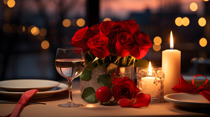 Obraz na płótnie Canvas Romantic candlelit dinner for two with red rose centerpiece