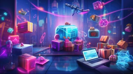 Illustration of e-commerce, delivery, and grocery automation