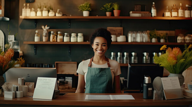 Female Asian coffee shop small business owner wearing apron standing in open sign front of counter performing stock check. afro hair employee Barista entrepreneur.