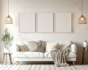 3-piece white empty frame mockup, 3D, stylish living room interior design, vertical frames