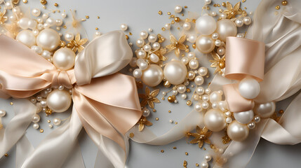 Elegant white gold celebration background with velvet and pearls