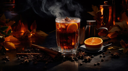 A glass of hot tea in a dark and cosy scene, generative ai.