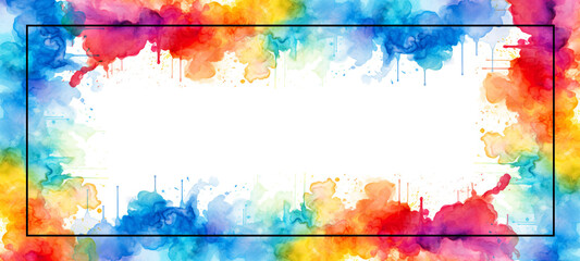 Abstract colorful rainbow color painting illustration - Rectangular rectangle frame made of watercolor splashes, isolated on white background
