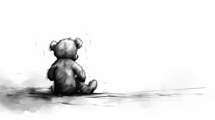 Black and white illustration of a sad and lonely teddy bear, the epitome for sadness and depression, space for text, generative ai.