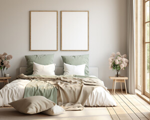 Stylish and simple interior design of farmhouse bedroom, double vertical wooden frame mock-ups on the wall, 3d render
