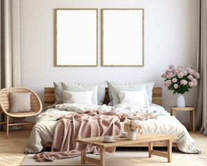 Set of 2 frame mockup in scandinavian style bedroom, for wall art, hollow frame, 3d render