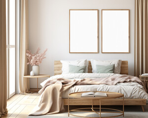 Fototapeta na wymiar Set of 2 frame mockup in scandinavian style bedroom, for wall art, hollow frame, 3d render