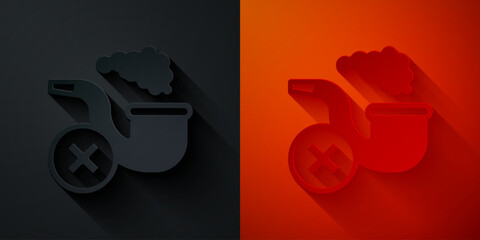Paper cut Smoking pipe with smoke icon isolated on black and red background. Tobacco pipe. Paper art style. Vector