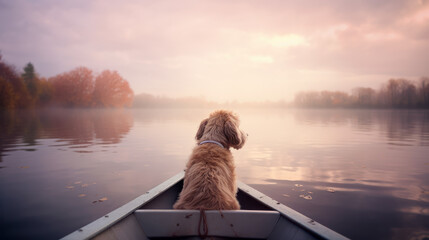 chien assis à l'avant d'une barque en train de flotter sur un lac à l'aube - obrazy, fototapety, plakaty