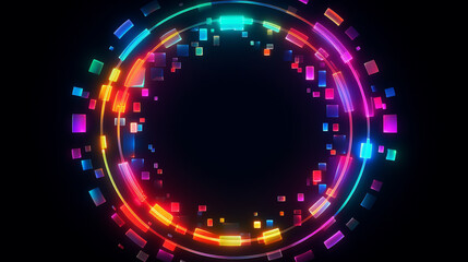 3d render, blue pink yellow neon glow round frame, circle, ring shape, empty space, ultraviolet light, 80's retro style, fashion show stage, glowing abstract background. Generative AI.