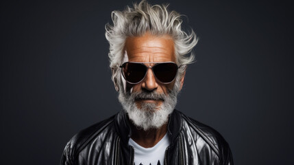 Cool senior hipster in a leatherjacket wearing sunglasses, sexy looking silver surfer, generative ai