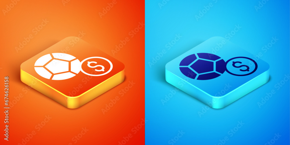 Poster Isometric Soccer football ball icon isolated on orange and blue background. Sport equipment. Vector