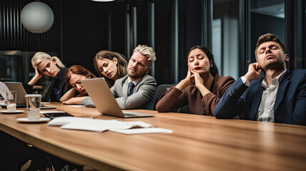 Group of business people exhausted from hard work and overworking so they falling asleep on the table while their boss shrugging shoulders to make don't know gesture during meeting in conference room - obrazy, fototapety, plakaty