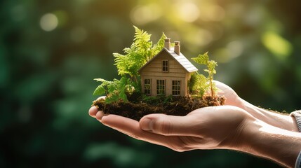 Small eco house in a human hand. New home, business, investment concept 