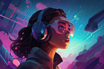 VR virtual reality glasses on beautiful girl, illustration. Generative AI