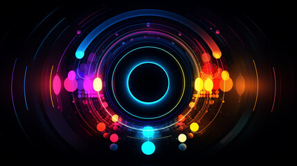 3d render, blue pink yellow neon glow round frame, circle, ring shape, empty space, ultraviolet light, 80's retro style, fashion show stage, glowing abstract background. Generative AI.