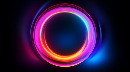 3d render, blue pink yellow neon glow round frame, circle, ring shape, empty space, ultraviolet light, 80's retro style, fashion show stage, glowing abstract background. Generative AI.