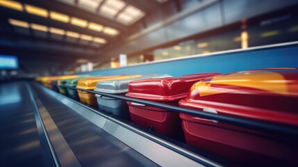 Close-up of several suitcases moving smoothly along an airport conveyor belt. Delivery and automation concept - Powered by Adobe