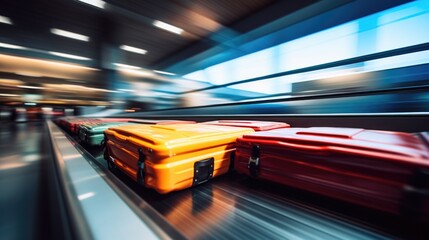 Close-up of several suitcases moving smoothly along an airport conveyor belt. Delivery and automation concept