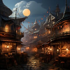 Illustration of an old street at night with a full moon.