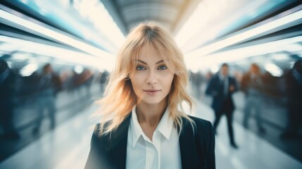 Beautiful business woman at the airport waiting for her flight. Blur the movement of people passing by and the background