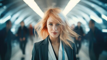 Beautiful business woman at the airport waiting for her flight. Blur the movement of people passing by and the background - obrazy, fototapety, plakaty