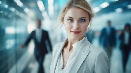 Beautiful business woman at the airport waiting for her flight. Blur the movement of people passing by and the background