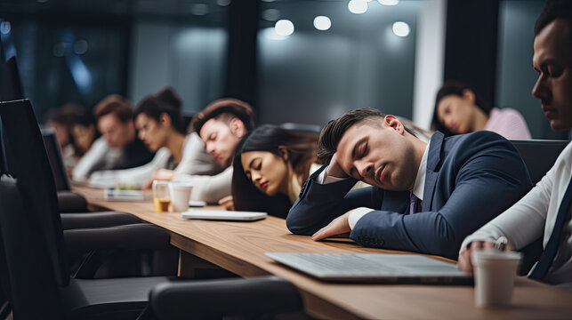 Business people sleeping in the conference room during a meeting.