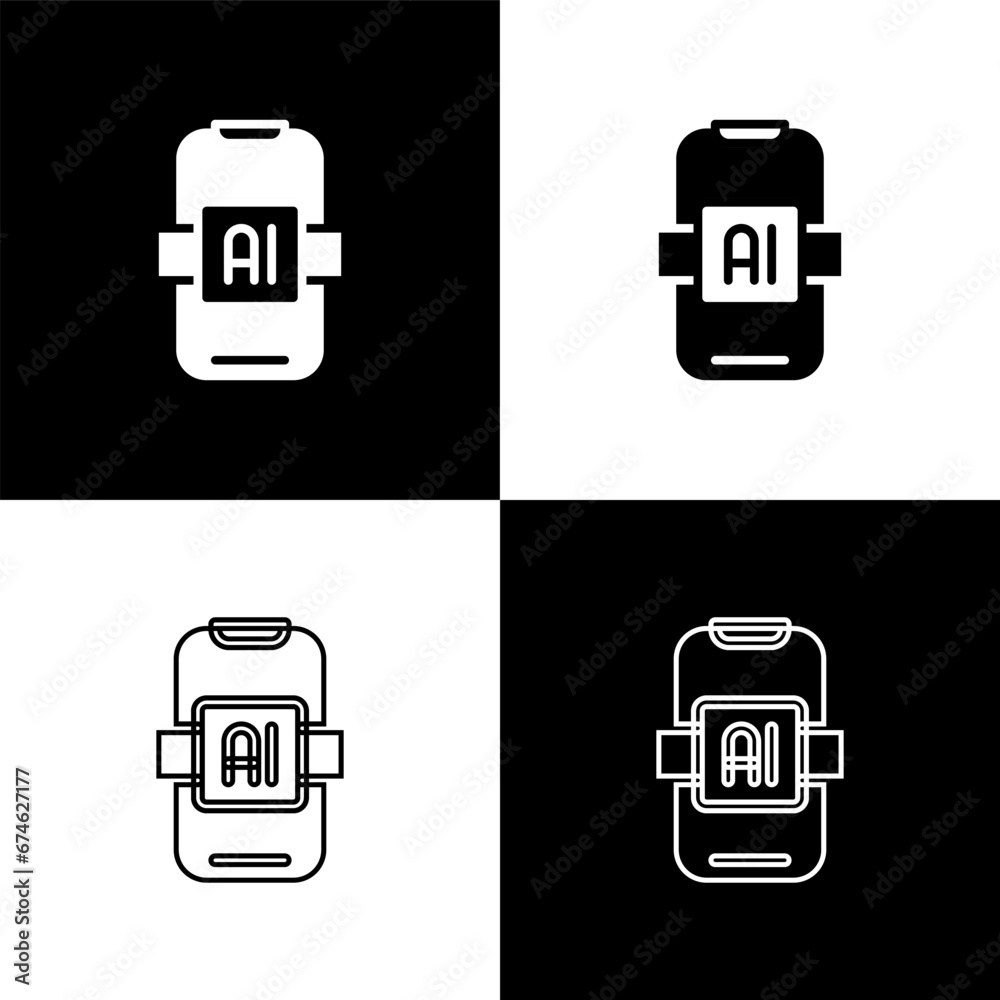 Poster set artificial intelligence ai icon isolated on black and white background. machine learning, cloud 