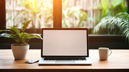 Laptop with blank screen on table.